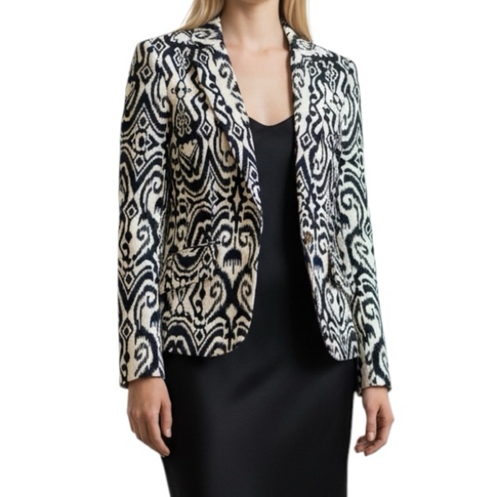 New $169 Jones NY Stretch black white Ikat art print button lined blazer jacket